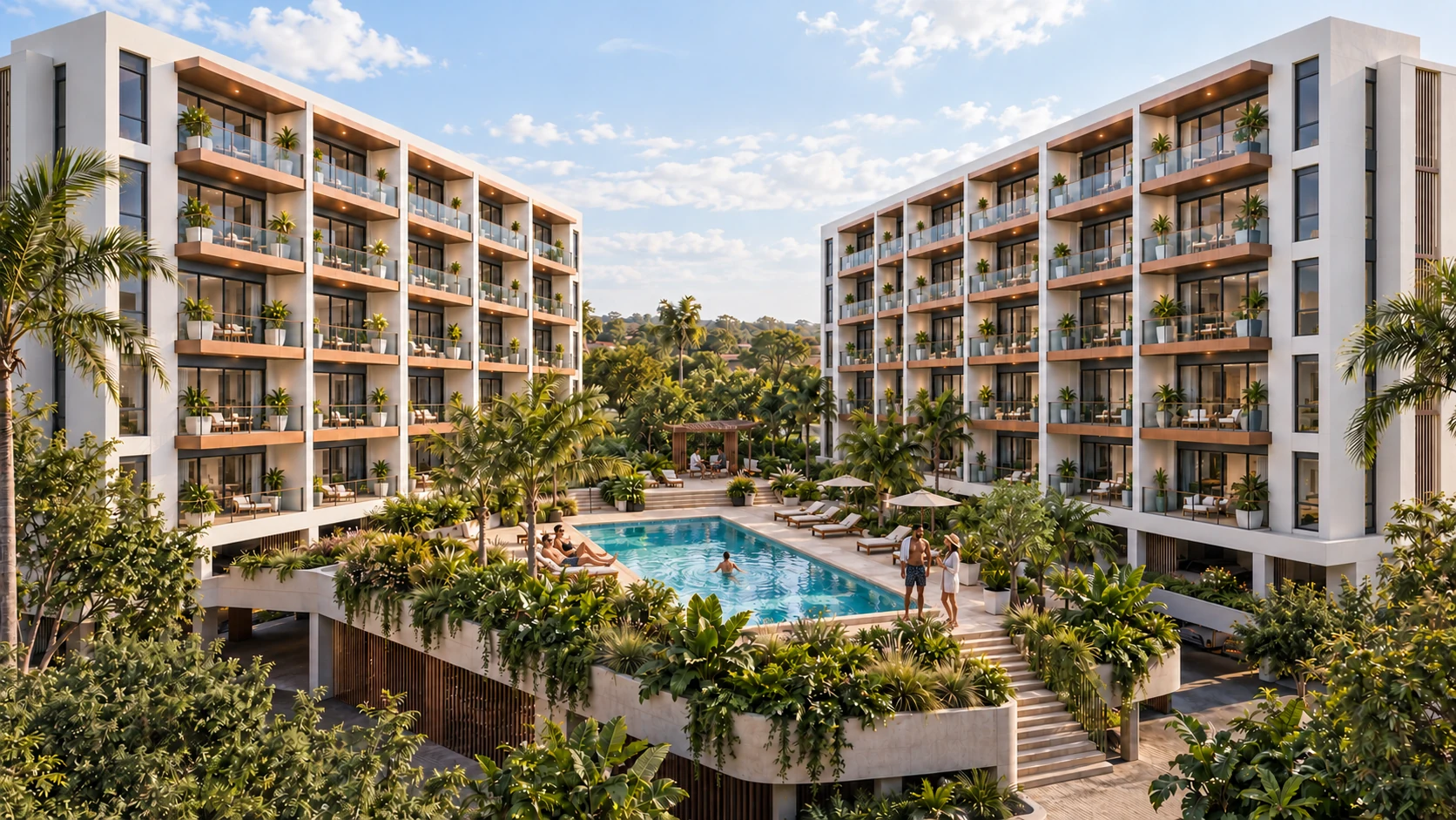 Residents enjoying Solara’s pool deck, loungers and the pergola at the far end of the landscaped courtyard.