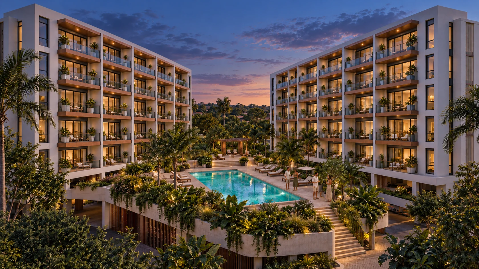 Warm evening light across Solara’s landscaped pool courtyard
