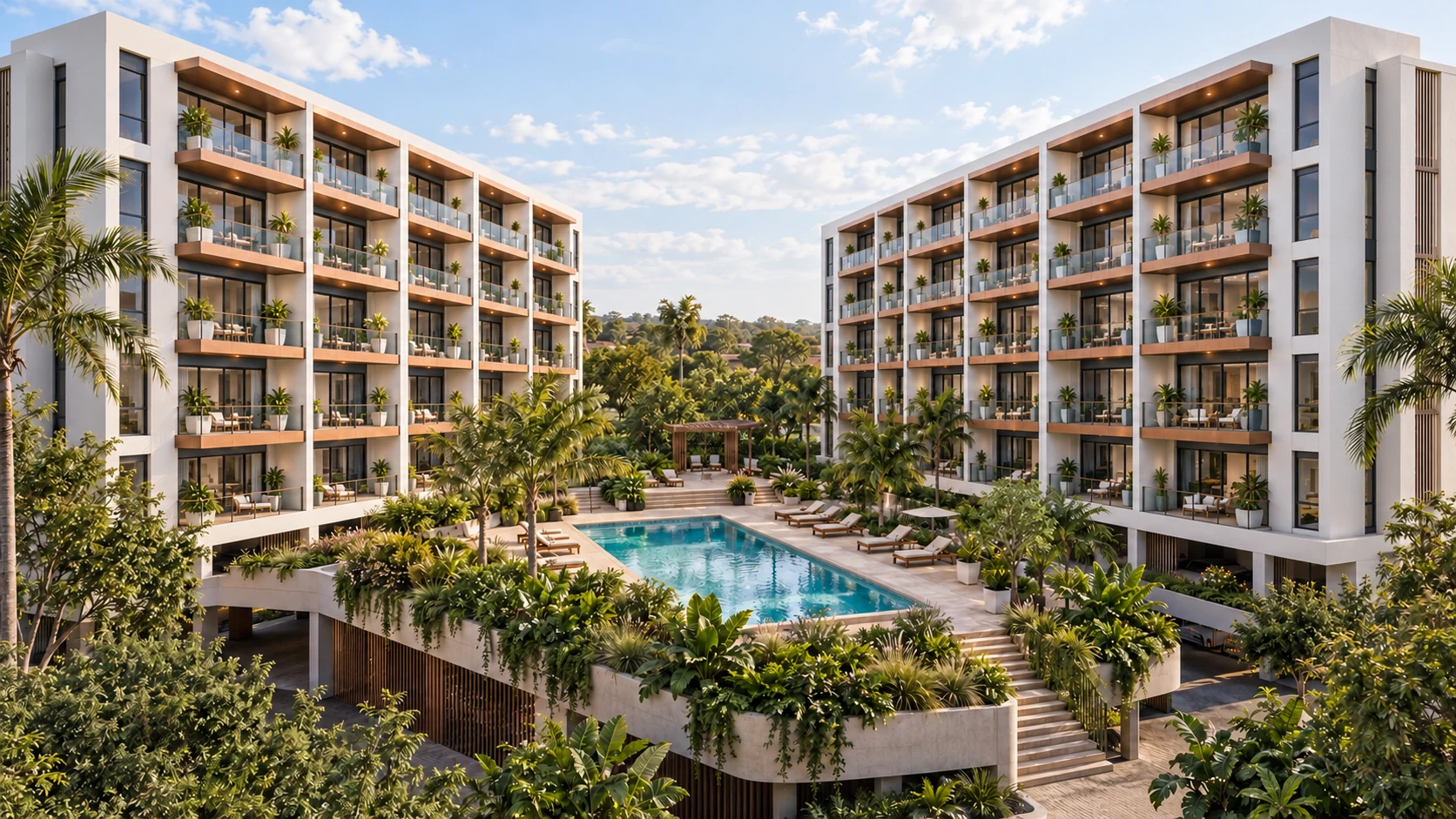 Solara’s angled apartment buildings surrounding a lush pool courtyard and curved landscaped podium